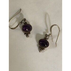 Vintage .925 Sterling Silver Amethyst Cabochon Dangle Earrings Signed Roma